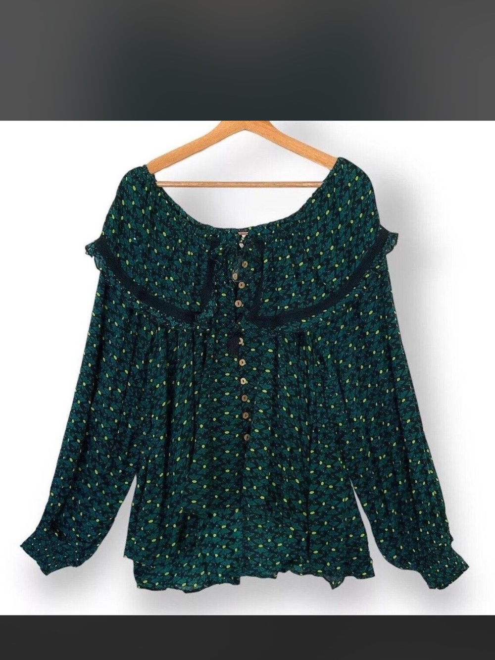 NWT Free People Black & Green Printed Button-Front Smocked Tunic - Picture 2 of 11